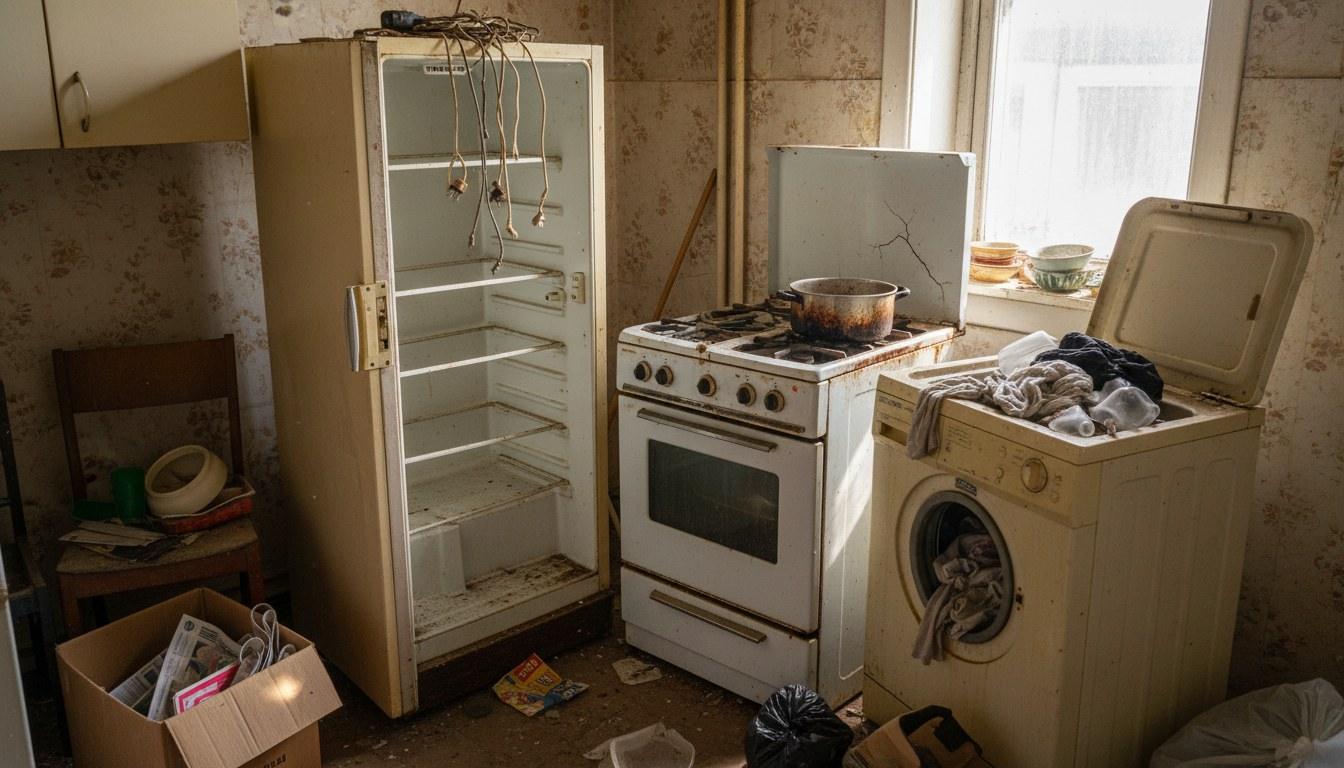 Old kitchen with broken refrigerator, stove, and washing machine ready for disposal