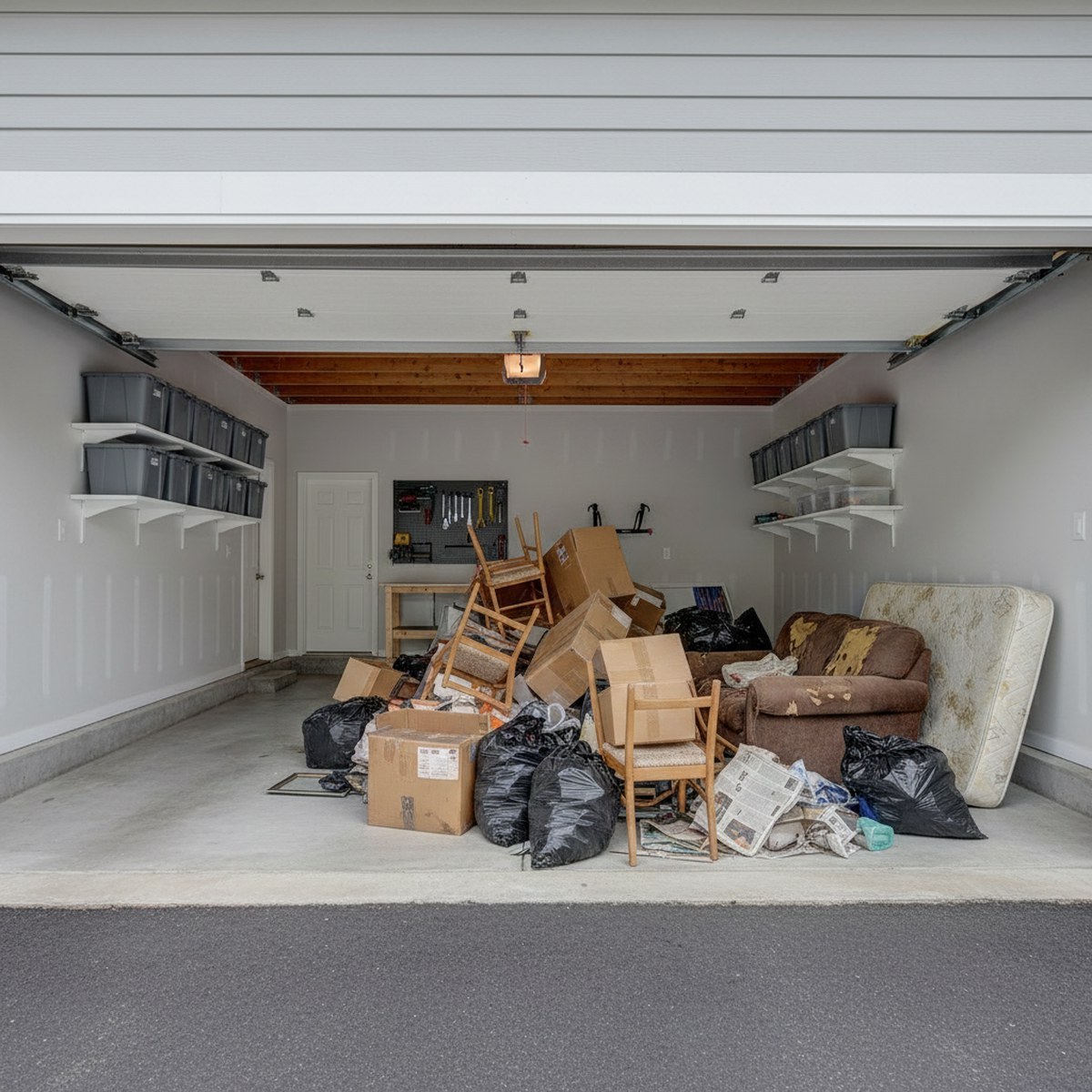 Eagle ID home garage packed with old furniture and clutter before junk removal