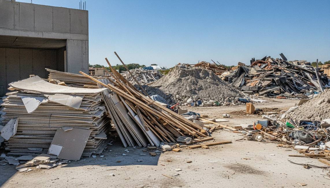 Job site with piles of drywall, lumber, concrete chunks, and demolition waste