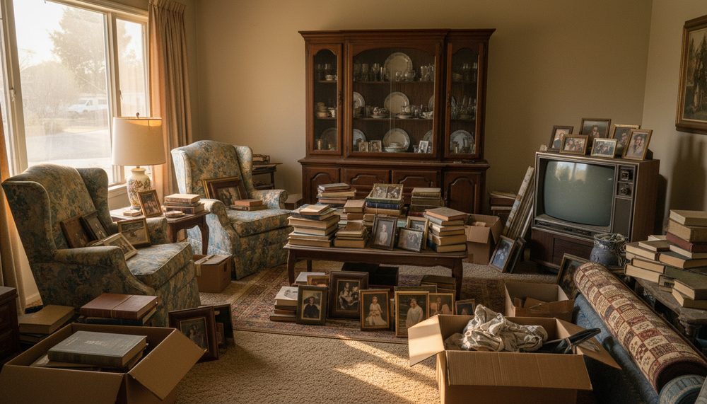 A Boise living room holding decades of accumulated furniture, books, and framed photos before an estate cleanout