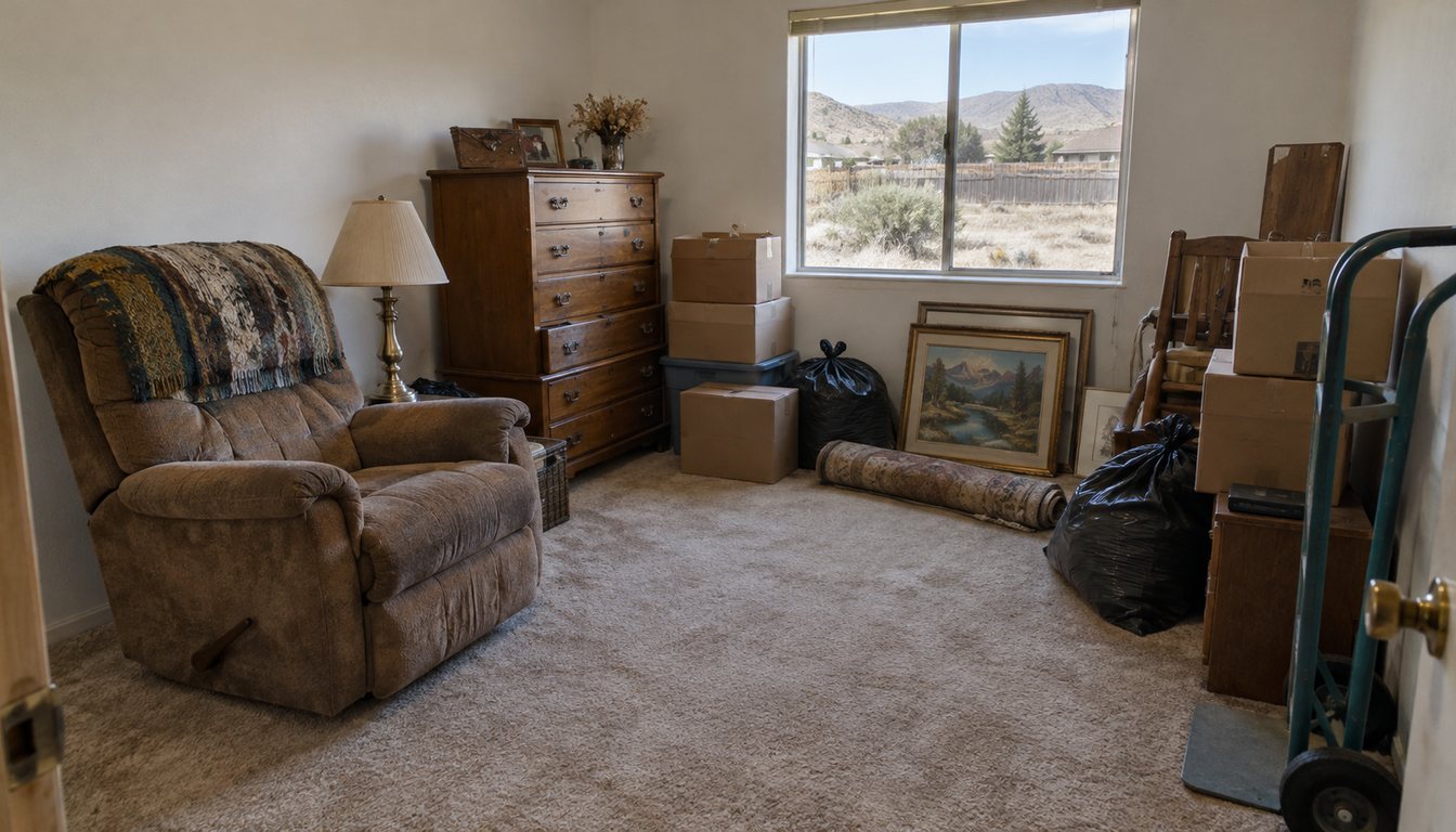 A Boise-area spare bedroom partway through an estate cleanout, with boxes, a recliner and framed pictures